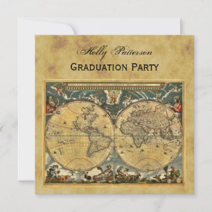 Antique World Map, Distress BG SQ Studenten Inbjudningar