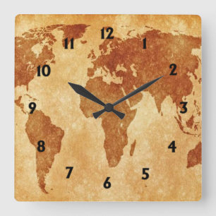 Antique World Map Fyrkantig Klocka