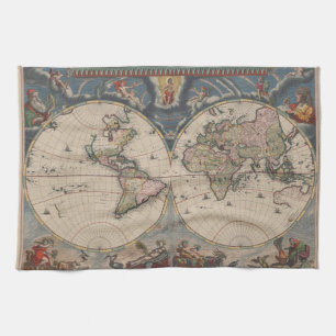 Antique World Map: Historical Cartography Art Kökshandduk
