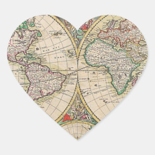 Antique World Map Hjärtformat Klistermärke