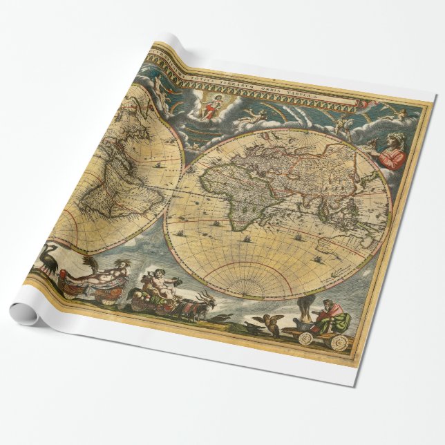Antique World Map J. Blaeu 1664 Presentpapper (Utrullad)