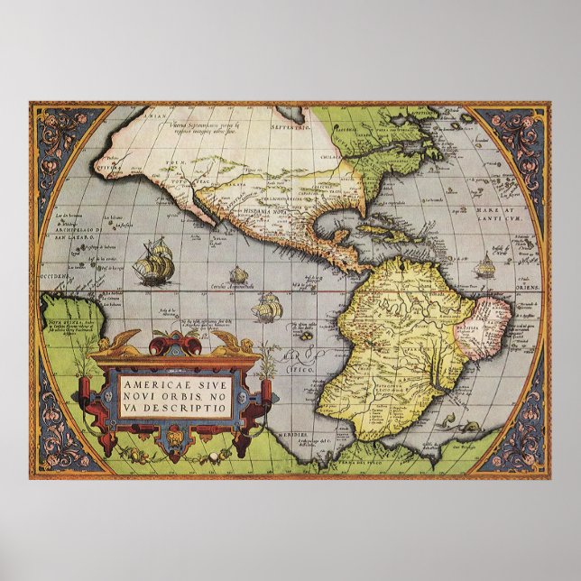 Antique World Map of the Americas, 1570 Poster (Framsidan)