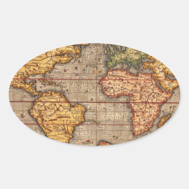 Antique World Map Ovalt Klistermärke (Framsida)