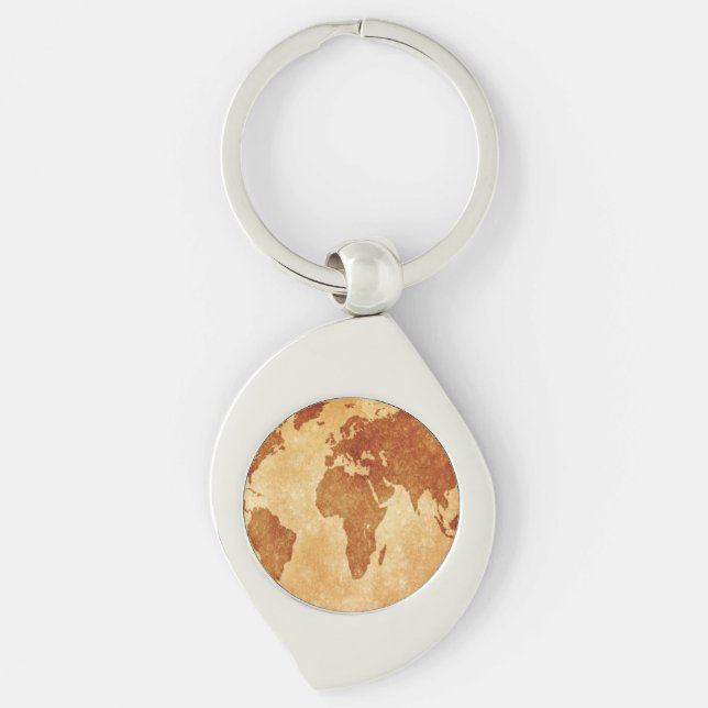 Antique World Map Swirl Silverfärgad Nyckelring (Framsidan)
