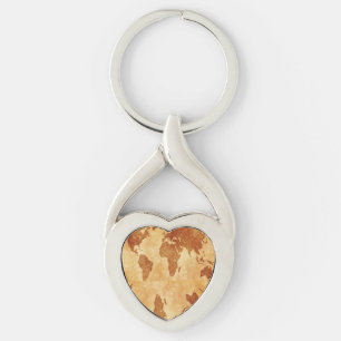 Antique World Map Twisted Heart Silverfärgad Nyckelring