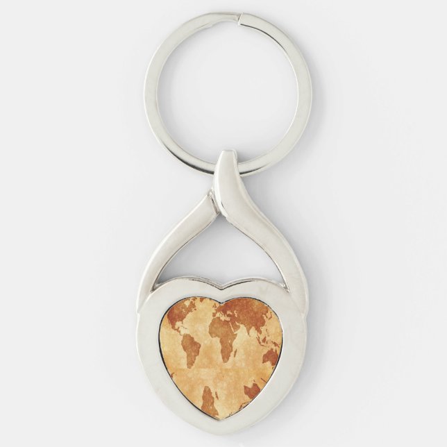Antique World Map Twisted Heart Silverfärgad Nyckelring (Framsidan)