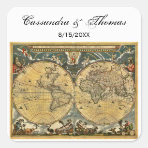 Antique World Map White BG kuvertförseglingar Fyrkantigt Klistermärke