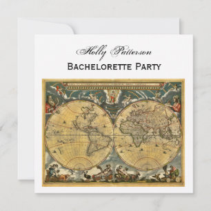 Antique World Map, White BG SQ Bachelorette Inbjudningar