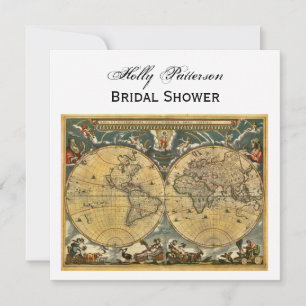 Antique World Map, White BG SQ Möhippa Inbjudningar