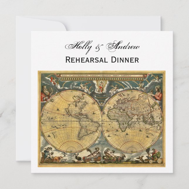 Antique World Map, White BG SQ Rehearsal Din Din Inbjudningar (Framsida)