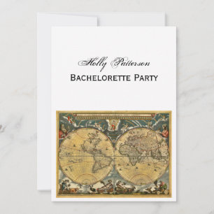 Antique World Map, White BG V Bachelorette Inbjudningar