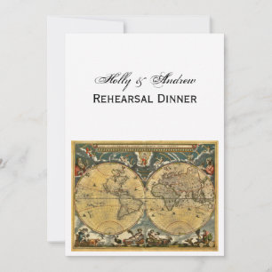 Antique World Map, White BG V Rehearsal Din Inbjudningar