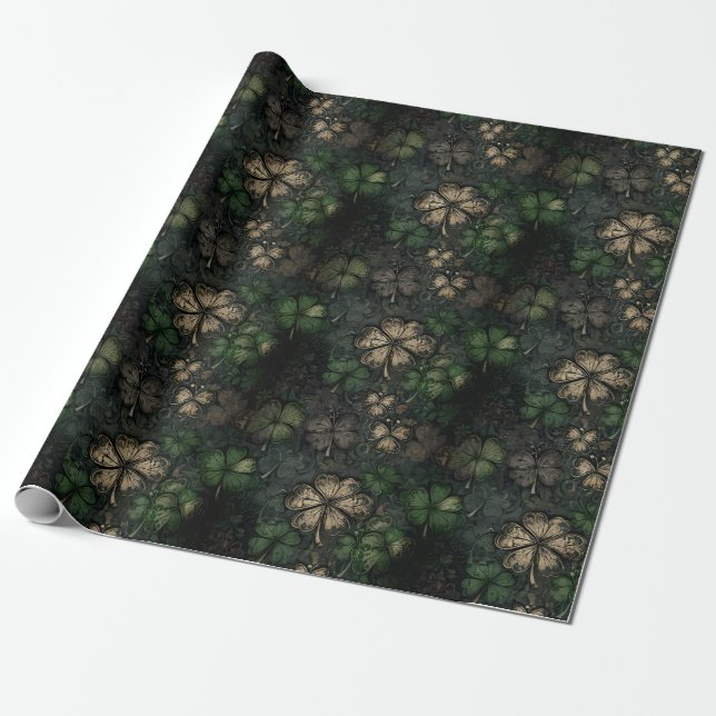 Antiqued Clover Damask Texture St. Patrick's Day Presentpapper (Utrullad)