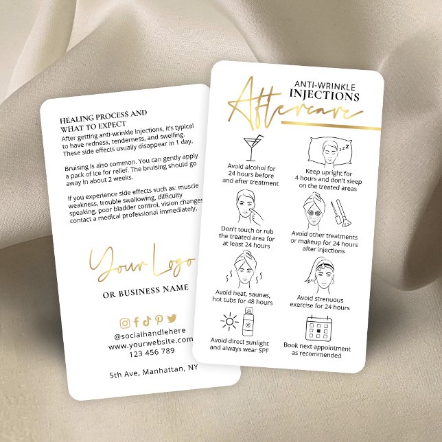 Antiskrynklingsinjektioner Guld Logotyp Eftervård  Visitkort (Anti-wrinkle injections post-treatment care instructions cards with faux gold effects & care icons)