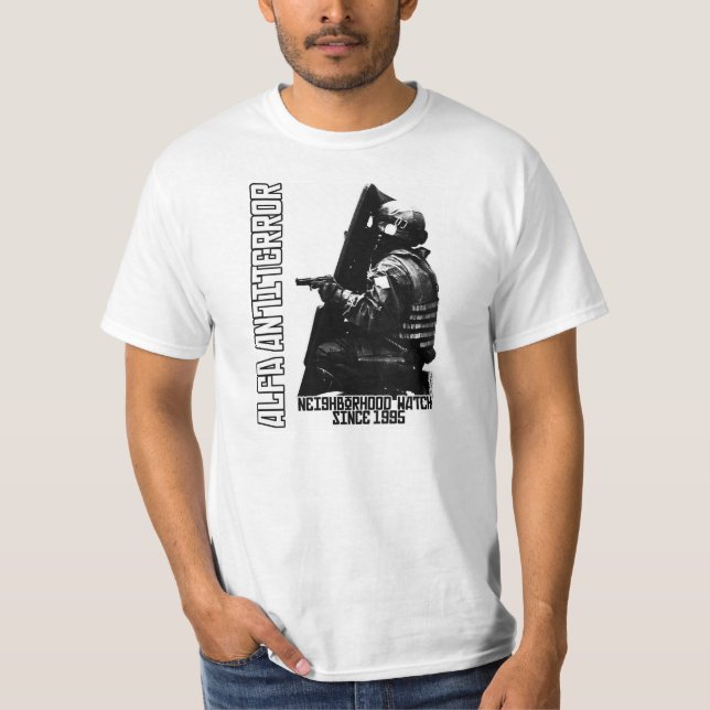 ANTITERROR "grannskapklocka för ALFABETISK efter T-shirt (Framsida)