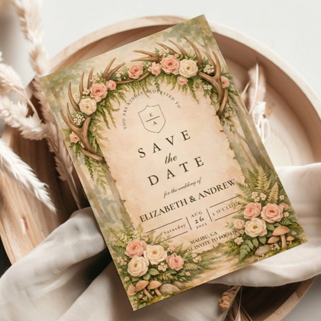 Antler Botanisk Rustik Bröllop Spara Datumet (Skapare uppladdad)