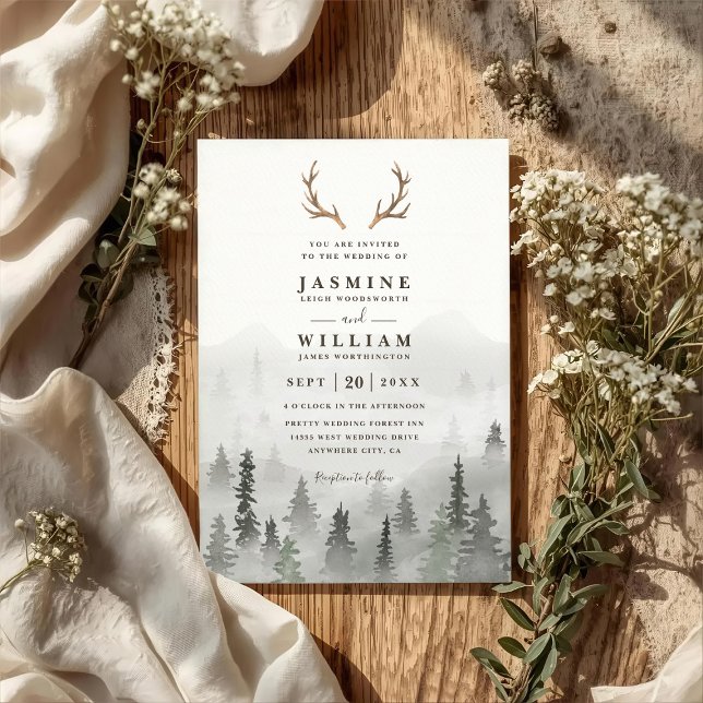 Antler Forest Mountain Tree Rustic QR Code Wedding Inbjudningar (Skapare uppladdad)