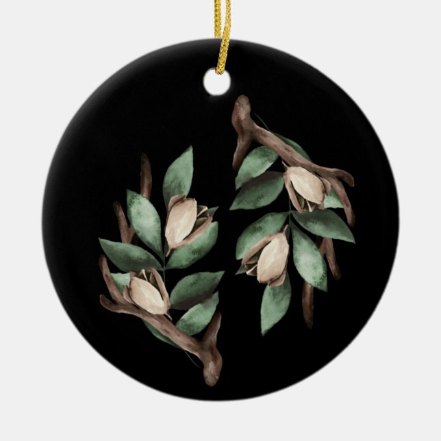 Antler med grönt gren julgransprydnad keramik (Framsidan)