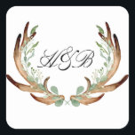 Antler och Vine Watercolor Initialer Fyrkantigt Klistermärke<br><div class="desc">Av Honung & Birch Studios</div>