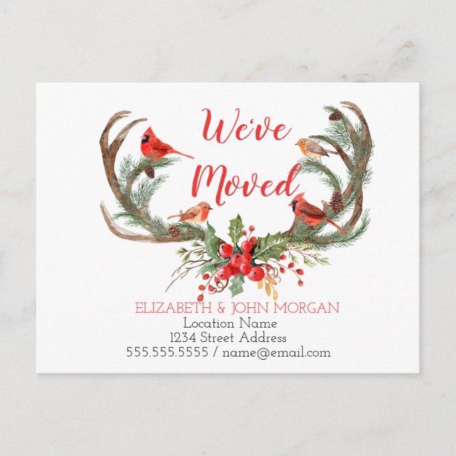 Antler Reindeer Cardinal, Ny adress Meddelande Vykort (Framsida)