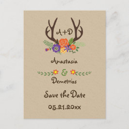 Antlers & Blommor monogram bröllop spara datum Meddelande Vykort