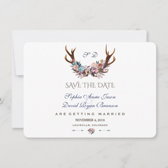 Antlers Dusty Blue Rosa Blommigt Spara datum Datumet (Framsida)