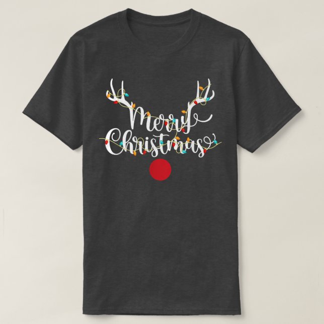 Antlers jul Ljus Reindeer Ansikte Rudolph Red T Shirt (Design framsida)