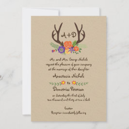 Antlers & orange Blommor monogram woodland bröllop Inbjudningar