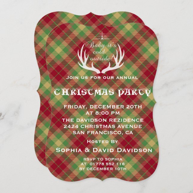 Antlers Red Grönt Plade Julfest-inbjudan Inbjudningar (Fram/baksida)