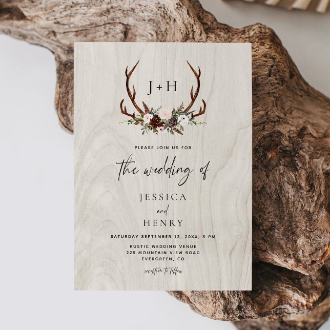 Antlers Rustic Wood Boho Bröllop Inbjudningar (Skapare uppladdad)