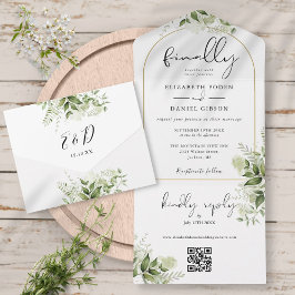 Äntligen Bröllop Guld Valv Grönska Blommor QR-kod