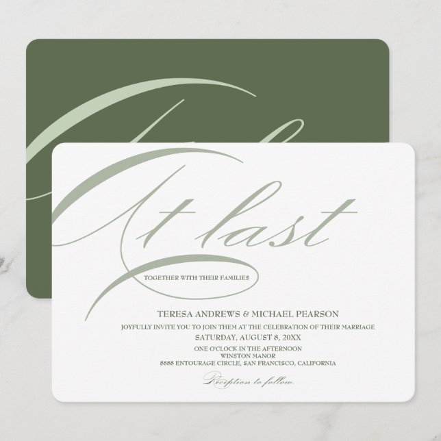 Äntligen calligrafi Modern Minimalist Sage Grönt Inbjudningar (Fram/baksida)