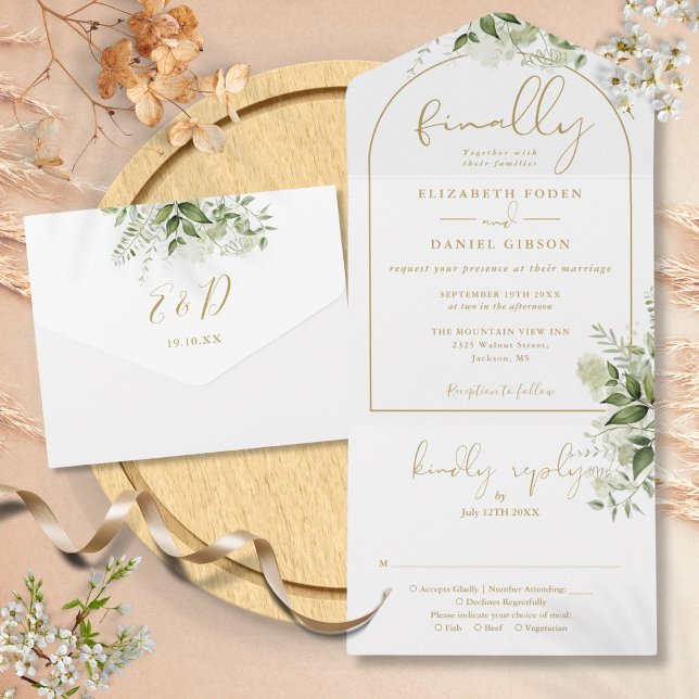 Äntligen Guld Båg Grönska Blommig Bröllop (
by Thisisnotme Designs
Finally Gold Arch Greenery Floral Wedding All In One Invitation)