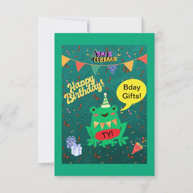 Äntligen min födelsedag, 29:e grodkonfetti tack kort (Framsida)