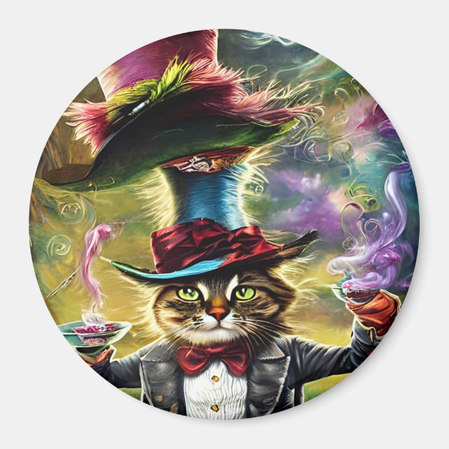 Antropomorf Cat Mad Hatter Fantasy Fairytale Magnet (Framsidan)