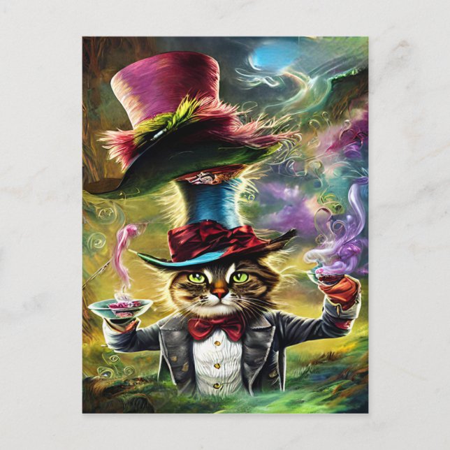 Antropomorf Cat Mad Hatter Fantasy Fairytale Vykort (Framsida)