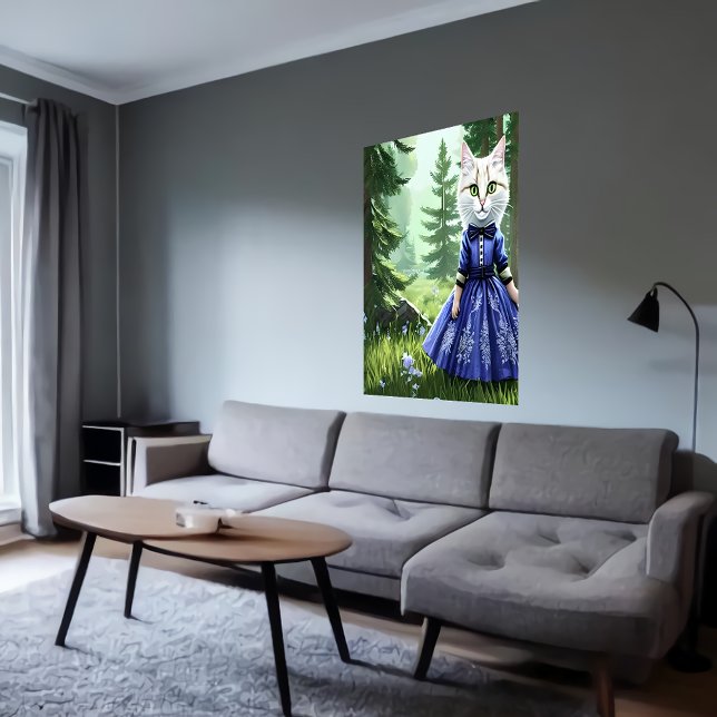 Antropomorf vit katt i blå klänning | AI Art Poster (Skapare uppladdad)