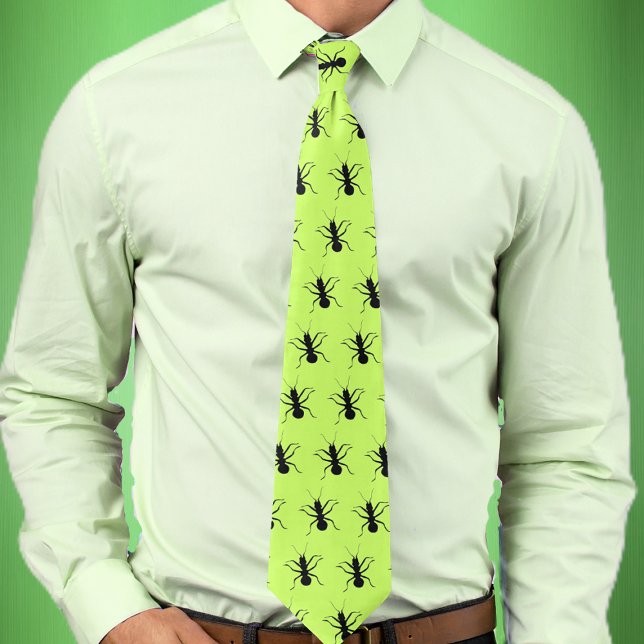 Ants Go Marching Tie Slips (Bright green mens necktie with marching black ants.)