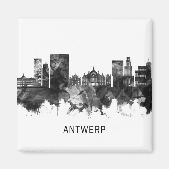 Antwerp Belgium Skyline BW Magnet (Framsidan)