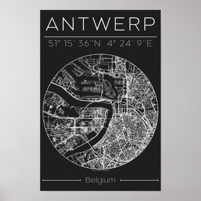 Antwerp City Map Poster Charcoal Minimal European  (Framsidan)