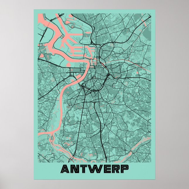 Antwerpen - Belgien Peony City Karta Poster (Framsidan)