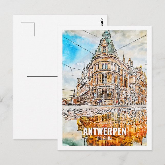 Antwerpen Belgium Travel Ställe Watercolor Vykort (Fram/baksida)