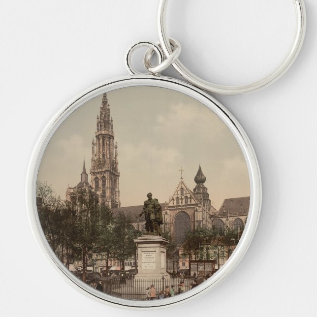 Antwerpen Catherdral, Antwerpen, Belgien Rund Silverfärgad Nyckelring (Framsidan)