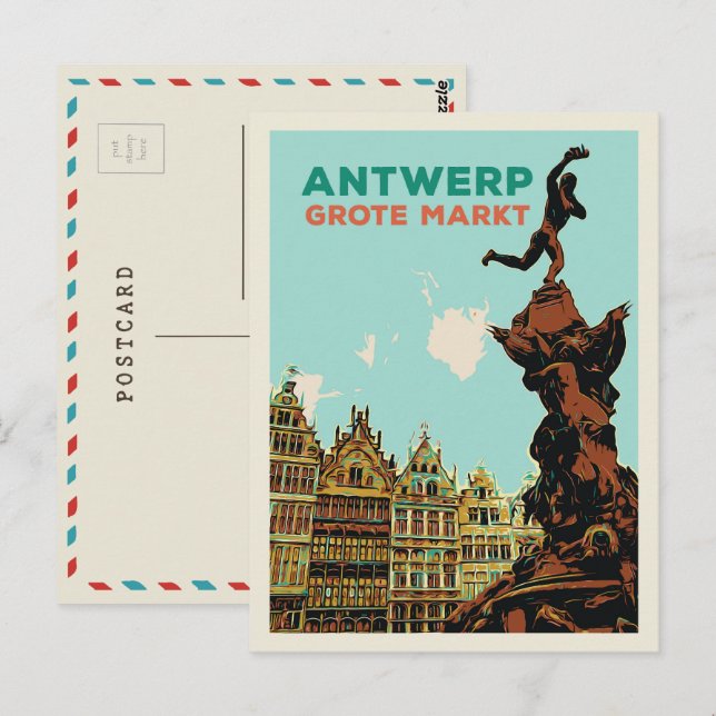 Antwerpen Grote Markt illustration Belgien Postcar Vykort (Fram/baksida)