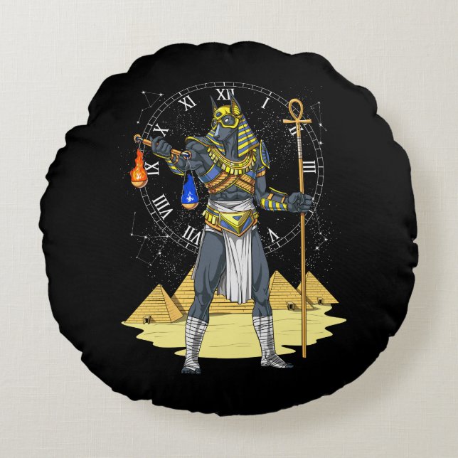 Anubis Egyptian Gud Ancient Ankh Mythology Rund Kudde (Framsidan)