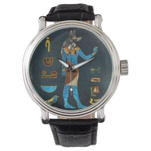 Anubis Egyptian Guld, Blue and Red glass Armbandsur