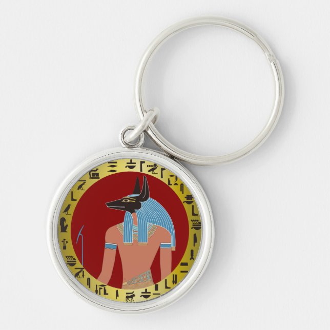 Anubis, egyptisk gud rund silverfärgad nyckelring (Framsidan)