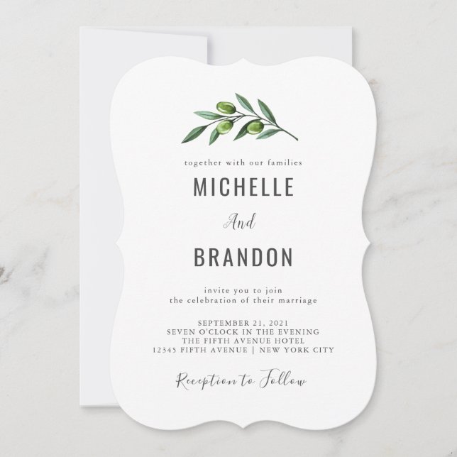 Anuncio moderno de Acuarela Rama de Olivo Boda Tack Kort (Framsida)