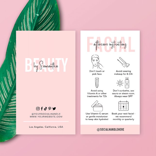 Anvisningar för kvinnlig Rosa Salon Face Aftercare Visitkort (Skapare uppladdad)