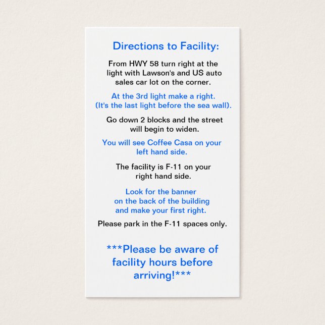 Anvisningar till anläggningen i Okinawa Visitkort (Framsidan)